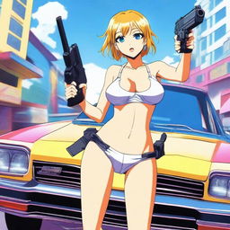 An anime girl wearing a bikini, standing next to a Holden Commodore car, holding guns in each hand