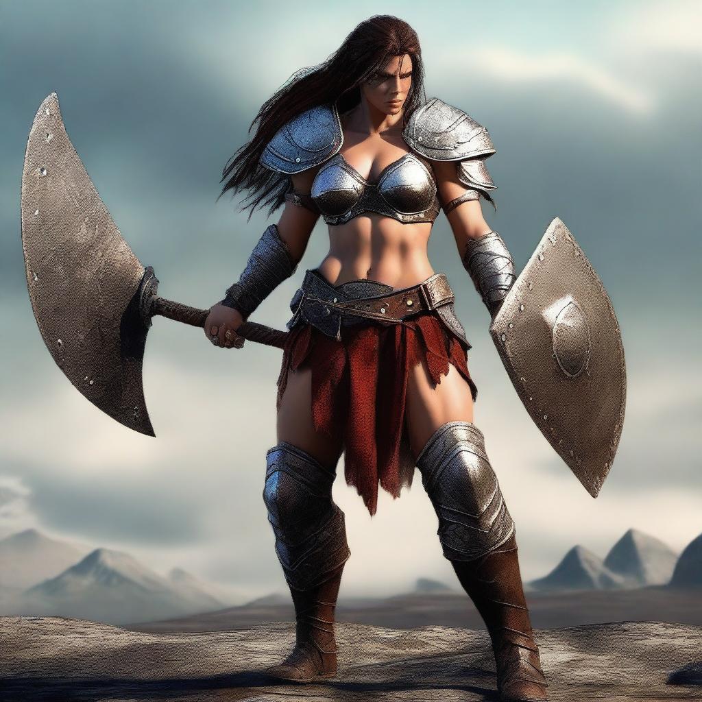 A powerful female human barbarian stands ready for battle