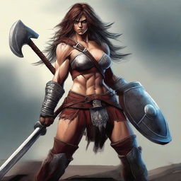 A powerful female human barbarian stands ready for battle