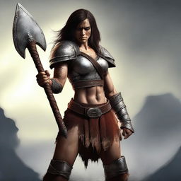 A powerful female human barbarian stands ready for battle