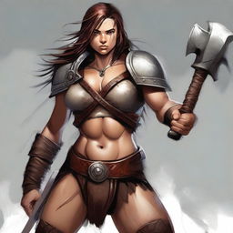 A powerful female human barbarian stands ready for battle