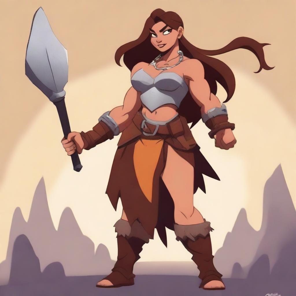 A powerful female human barbarian stands ready for battle in a Disney art style