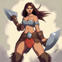 A powerful female human barbarian stands ready for battle in a Disney art style