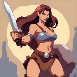 A powerful female human barbarian stands ready for battle in a Disney art style