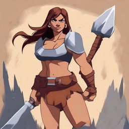 A powerful female human barbarian stands ready for battle in a Disney art style