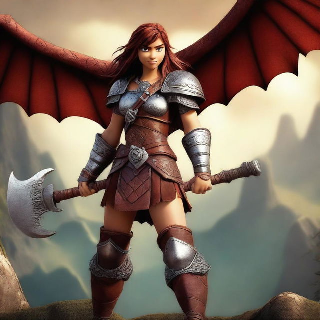 A fierce female barbarian inspired by the 'How to Train Your Dragon' universe stands ready for battle