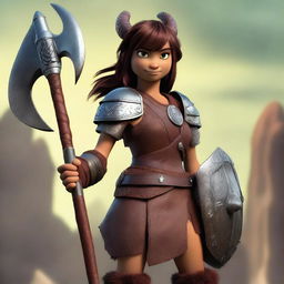 A fierce female barbarian inspired by the 'How to Train Your Dragon' universe stands ready for battle