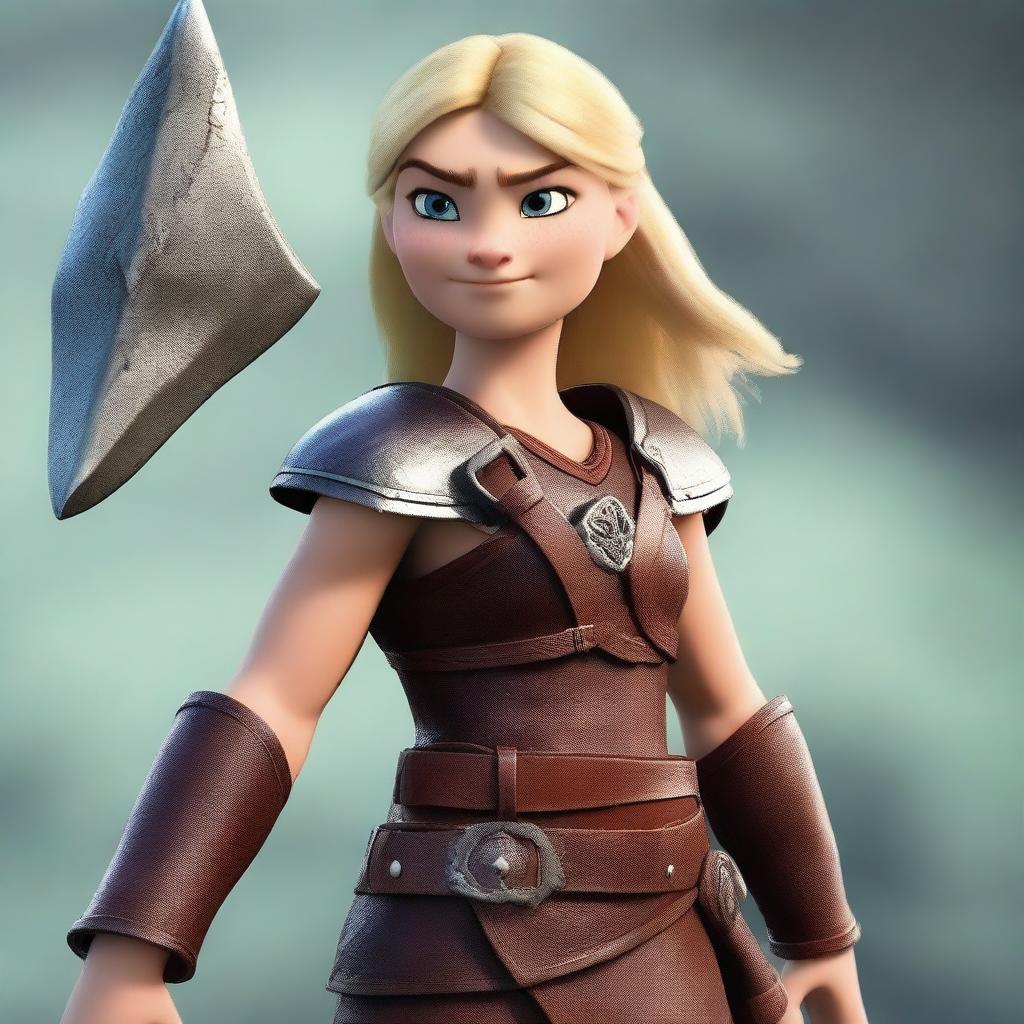 A muscular blonde female barbarian inspired by the 'How to Train Your Dragon' universe stands ready for battle