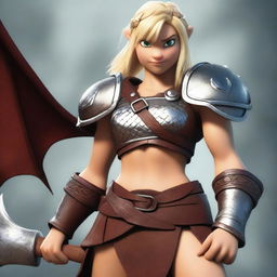 A muscular blonde female barbarian inspired by the 'How to Train Your Dragon' universe stands ready for battle