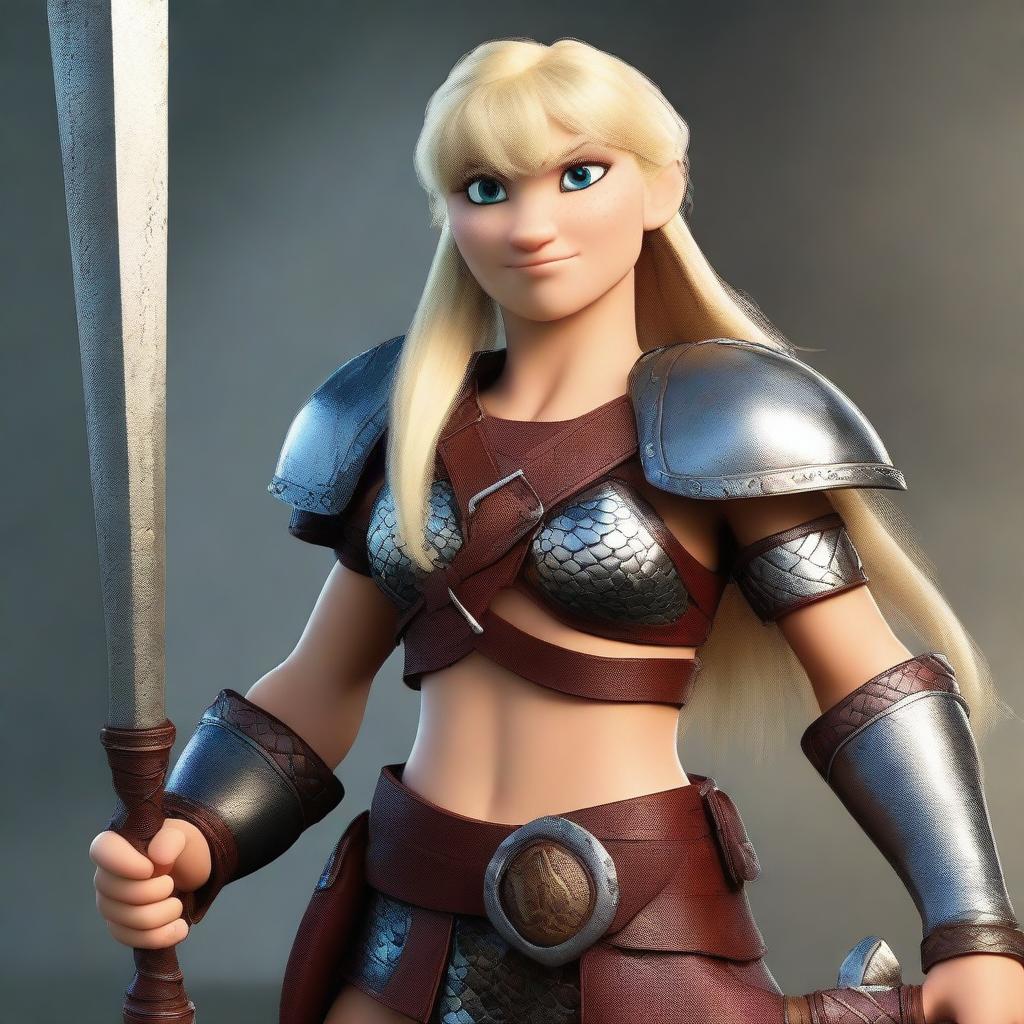 A muscular blonde female barbarian inspired by the 'How to Train Your Dragon' universe stands ready for battle