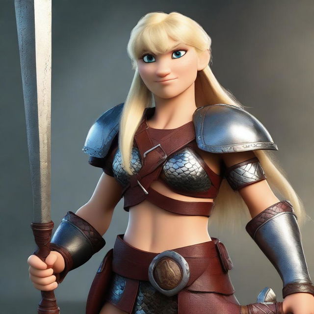 A muscular blonde female barbarian inspired by the 'How to Train Your Dragon' universe stands ready for battle