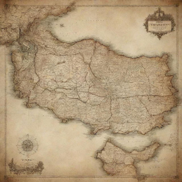 Antique, detailed map of Turkey with vintage texture and sepia color palette