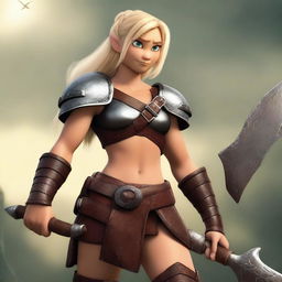 A muscular blonde female barbarian inspired by the 'How to Train Your Dragon' universe stands ready for battle