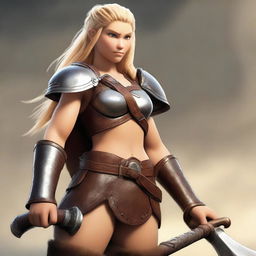 A muscular, braided blonde female barbarian inspired by the 'How to Train Your Dragon' universe stands ready for battle