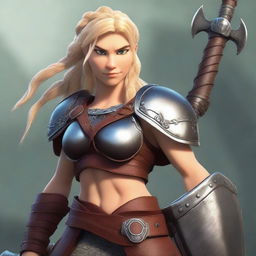 A muscular, braided blonde female barbarian inspired by the 'How to Train Your Dragon' universe stands ready for battle