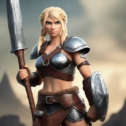 A muscular, braided blonde female barbarian inspired by the 'How to Train Your Dragon' universe stands ready for battle