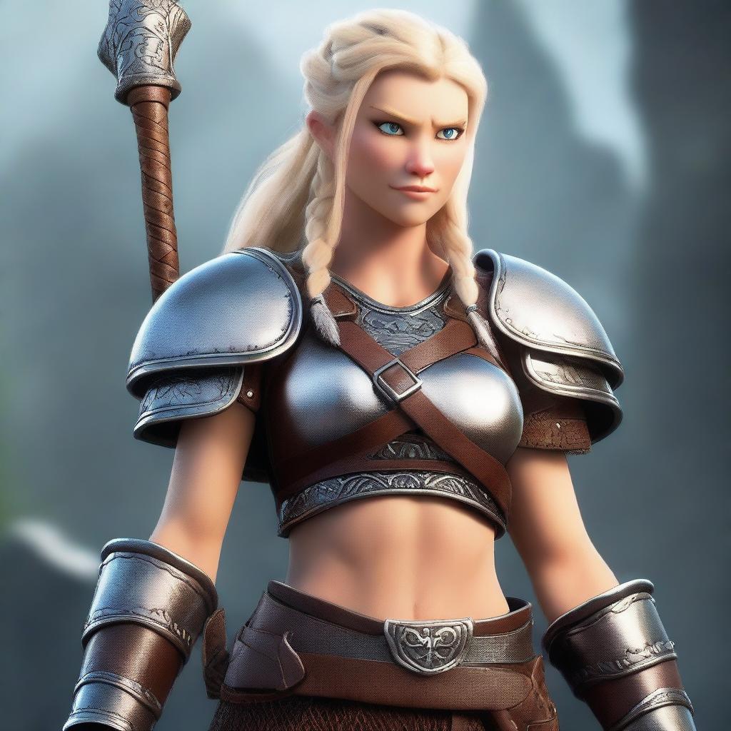 A muscular, braided blonde female barbarian inspired by the 'How to Train Your Dragon' universe stands ready for battle