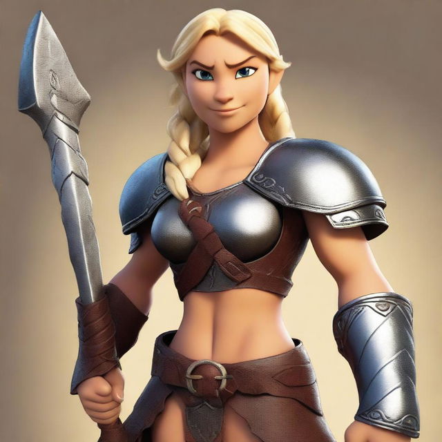 A muscular, olive-skinned female barbarian with braided blonde hair inspired by the 'How to Train Your Dragon' universe stands ready for battle