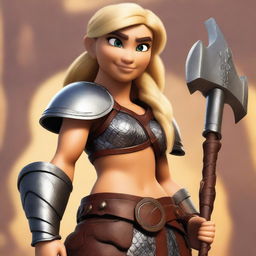 A muscular, olive-skinned female barbarian with braided blonde hair inspired by the 'How to Train Your Dragon' universe stands ready for battle