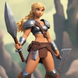 A muscular, olive-skinned female barbarian with braided blonde hair inspired by the 'How to Train Your Dragon' universe stands ready for battle