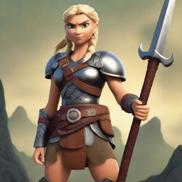 A muscular, olive-skinned female barbarian with braided blonde hair inspired by the 'How to Train Your Dragon' universe stands ready for battle