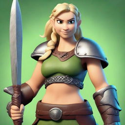 A muscular, light green-skinned female barbarian with braided blonde hair inspired by the 'How to Train Your Dragon' universe stands ready for battle