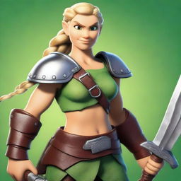 A muscular, light green-skinned female barbarian with braided blonde hair inspired by the 'How to Train Your Dragon' universe stands ready for battle