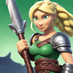 A muscular, light green-skinned female barbarian with braided blonde hair inspired by the 'How to Train Your Dragon' universe stands ready for battle