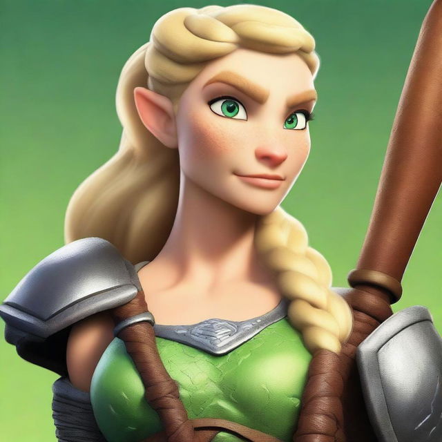 A muscular, light green-skinned female barbarian with braided blonde hair inspired by the 'How to Train Your Dragon' universe stands ready for battle