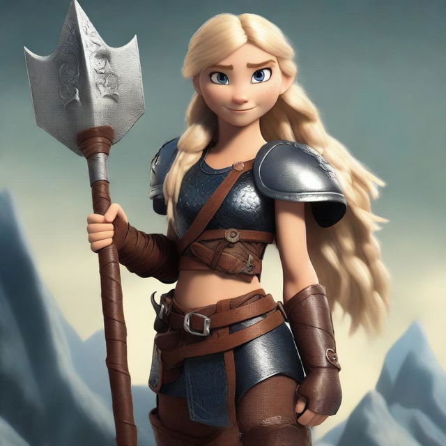 A muscular, braided blonde female barbarian inspired by the 'How to Train Your Dragon' universe stands ready for battle, wielding a great axe