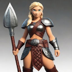 A muscular, braided blonde female barbarian inspired by the 'How to Train Your Dragon' universe stands ready for battle, wielding a great axe