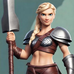 A muscular, braided blonde female barbarian inspired by the 'How to Train Your Dragon' universe stands ready for battle, wielding a great axe