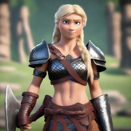 A muscular, braided blonde female barbarian inspired by the 'How to Train Your Dragon' universe stands ready for battle, wielding a great axe