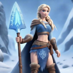 A muscular, braided blonde female barbarian inspired by the 'Frozen' universe stands ready for battle, wielding a great axe