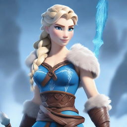 A muscular, braided blonde female barbarian inspired by the 'Frozen' universe stands ready for battle, wielding a great axe