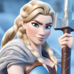 A muscular, braided blonde female barbarian inspired by the 'Frozen' universe stands ready for battle, wielding a great axe