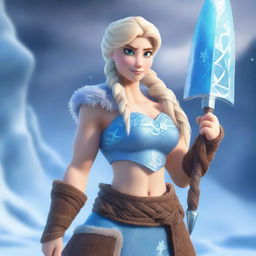 A muscular, braided blonde female barbarian inspired by the 'Frozen' universe stands ready for battle, wielding a great axe