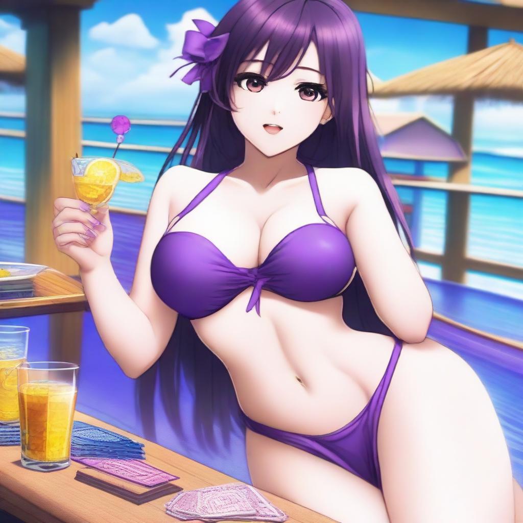 A breathtakingly beautiful waifu with a voluptuous figure, addicted to gambling and alcoholic beverages, and deeply in love