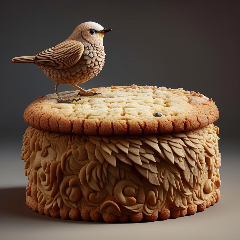 A hyper-realistic image of an enormous cookie with an intricately detailed bird perched on top.