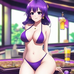 A breathtakingly beautiful waifu with a voluptuous figure, addicted to gambling and alcoholic beverages, and deeply in love