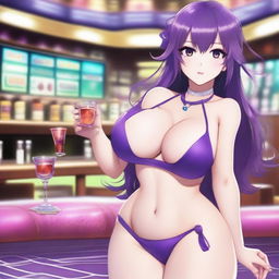 A breathtakingly beautiful waifu with a voluptuous figure, addicted to gambling and alcoholic beverages, and deeply in love