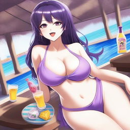 A breathtakingly beautiful waifu with a voluptuous figure, addicted to gambling and alcoholic beverages, and deeply in love