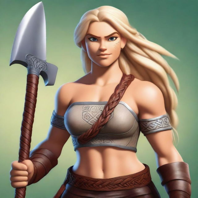 A muscular, braided blonde female barbarian inspired by the 'Brave' universe stands ready for battle, wielding a great axe