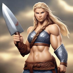 A muscular, braided blonde female barbarian inspired by the 'Brave' universe stands ready for battle, wielding a great axe