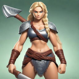 A muscular, braided blonde female barbarian inspired by the 'Brave' universe stands ready for battle, wielding a great axe