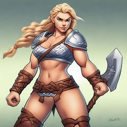 A muscular, braided blonde female barbarian inspired by the 'Brave' universe stands ready for battle, wielding a great axe