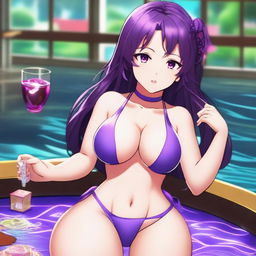 A breathtakingly beautiful waifu with a voluptuous figure, addicted to gambling and alcoholic beverages, and deeply in love