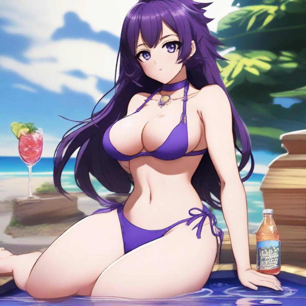 A breathtakingly beautiful waifu with a voluptuous figure, addicted to gambling and alcoholic beverages, and deeply in love