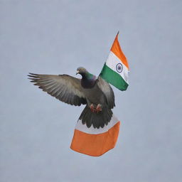 A pigeon in mid-flight, gracefully holding the tricolor Indian flag in its beak