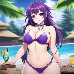 A breathtakingly beautiful waifu with a voluptuous figure, addicted to gambling and alcoholic beverages, and deeply in love